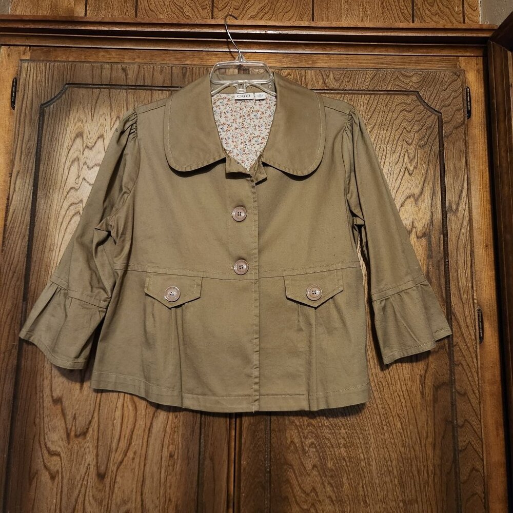 Cato Womens Khaki Button-Up Jacket With Flared Sleeves & Floral Lining Medium